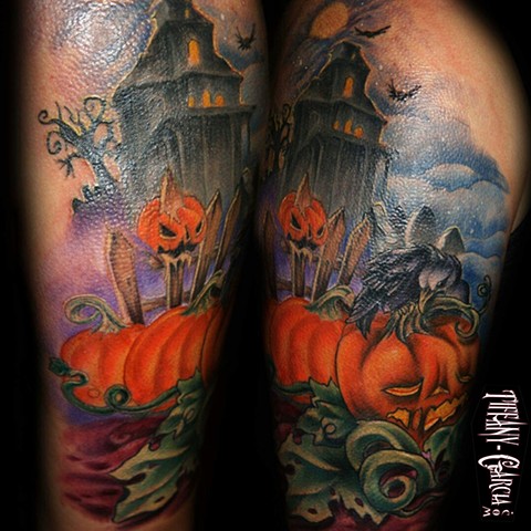 Spooky Haunted House by Tiffany Garcia Top Female Tattoo Artist located in Long Beach, Orange County, LA, Huntington Beach, Carson, Palos Verdes, Los Angeles, West Hollywood, Pacific Coast Highway and surrounding areas in Southern California.