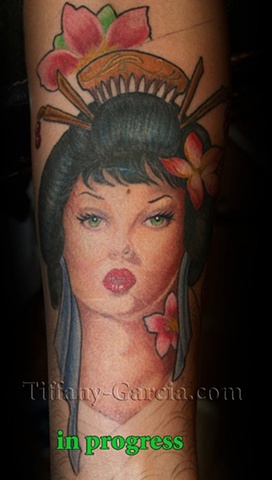 Geisha Beauty by Tiffany Garcia Female Tattoo Artist located in Long Beach, Orange County, LA, Huntington Beach, Carson, Palos Verdes, Los Angeles, West Hollywood, Pacific Coast Highway and surrounding areas in Southern California.