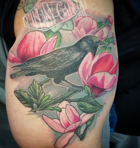 Crow / raven with flowers final session by female tattoo artist Tiffany Garcia