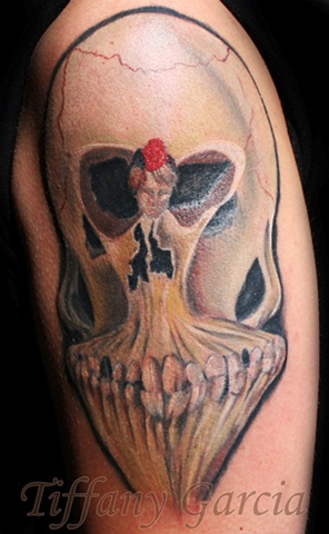 Optical Illusion Skull and Dancer  by Tiffany Garcia Tattoo Artist Custom Tattoos located in Long Beach, Huntington Beach, Carson, Palos Verdes, Los Angeles, West Hollywood, Pacific Coast Highway and surrounding areas in Southern California.