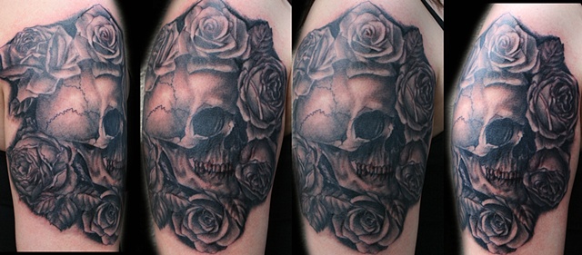 Skull and Roses in Black & White by Tiffany Garcia Female Tattoo Artist located in Long Beach, Orange County, LA, Huntington Beach, Carson, Palos Verdes, Los Angeles, West Hollywood, Pacific Coast Highway and surrounding areas in Southern California.