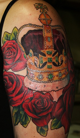 Majesty's Crown and Red Roses by Tiffany Garcia Tattoo Artist  located in Long Beach, Huntington Beach, Carson, Palos Verdes, Los Angeles, West Hollywood, Pacific Coast Highway and surrounding areas in Southern California. Custom Tattoos