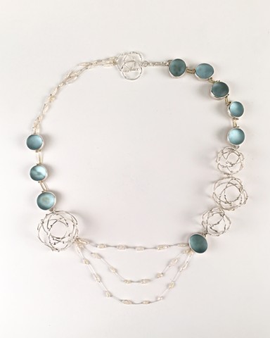 breathe 8 necklace; sterling silver, 18k gold, recycled glass necklace by Anika Smulovitz