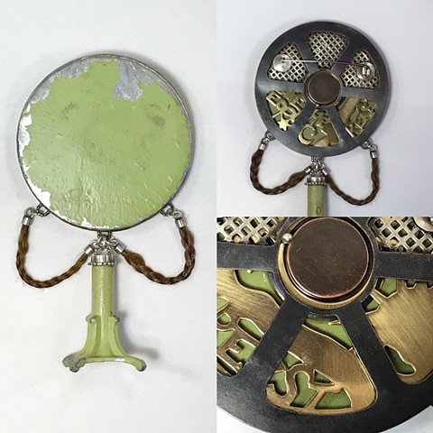 Smulovitz, Longing Hidden Hope 2, antique dollhouse table, hair, copper, bronze, silver brooch