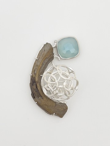 breathe, brooch, silver and found wood, contemporary art jewelry