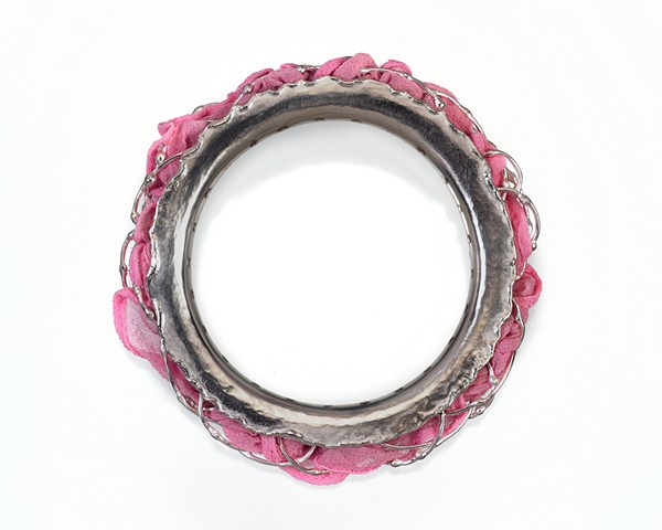 breathe 7, sterling silver/repurposed thrift store clothes fabricated bangle bracelet by Anika Smulovitz