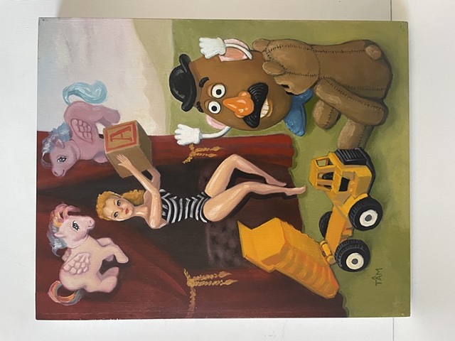 Surrealism painting oil toys Barbie Mr Potato head trucks ponies