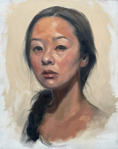 Self portrait Asian Vietnamese daughter woman oil painting 