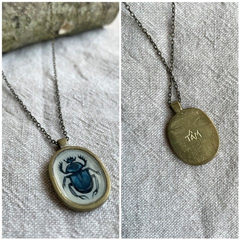 hand painted scarab necklace on brass pendant 