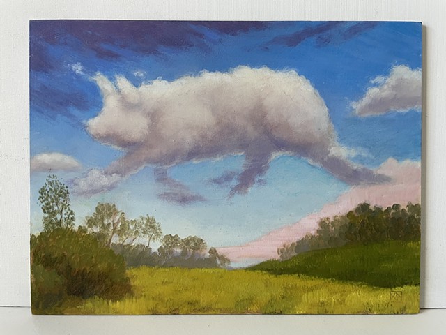 Cloud pig Pareidolia landscape oil on panel