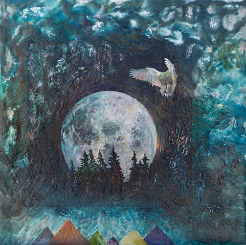 nest, wax, encaustic painting, beeswax, white owl, moon, pyramid