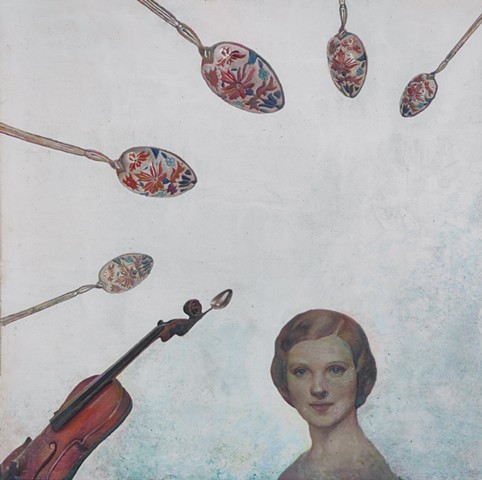beautiful spoons, enameled spoons, colored spoons, stradivarius violin, 19th century, wax relief, encaustic, wax, beautiful woman, aristocracy