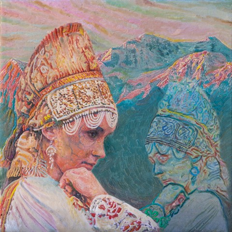 introspection, wax, encaustic, Russian bride, folklore, self reflection, mountains