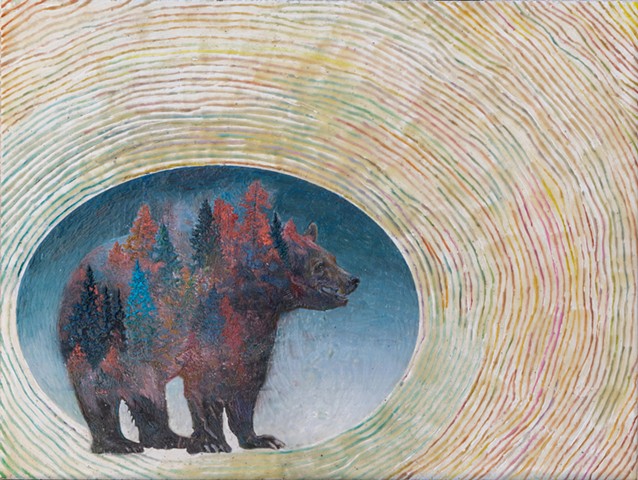 bear, trees, encaustic, wax painting, foliage, migrate, ecology