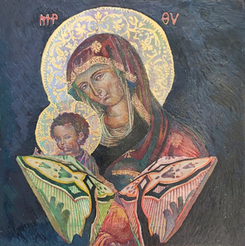 Virgin mary and the Child, religius icon painting, encaustic icon painting, wax, majolica tiles, Emmanuel Tzanes