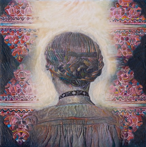 passage, encaustic, woman's portrait, back view, crown braid