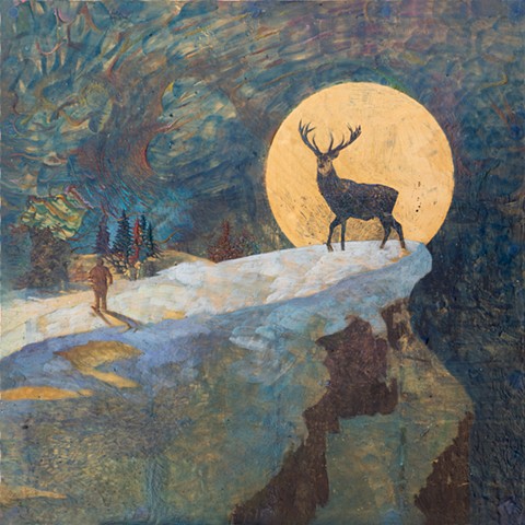 deer, sublime, encaustic, moon, scouting, wax, skier, nocturnal