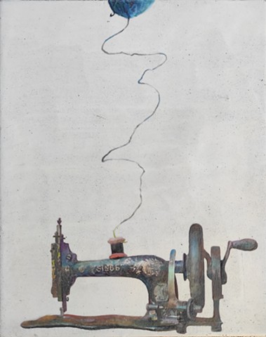 sewing machine singer, thread of life, wax, encaustic, realism, roundness, oil on wax