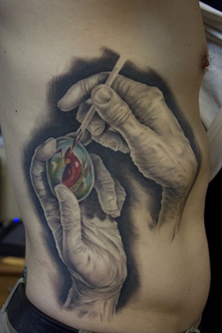Painting hands black and grey portrait  Tattoo done at Iron Cypress in Lake Charles Louisiana