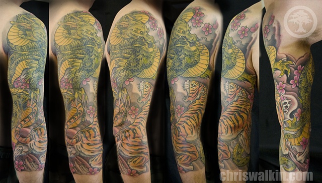 Japanese Dragon and Tiger Sleeve Tattoo done at Iron Cypress in Lake Charles Louisiana