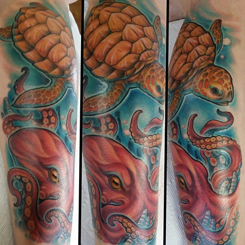 Octopus and sea turtle calf tattoo