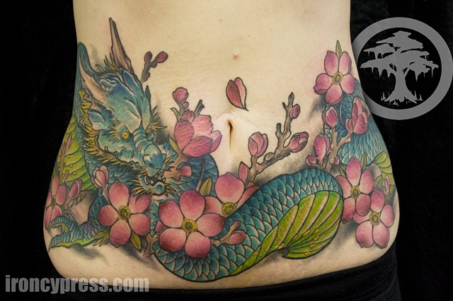 japanese dragon sakura hips  Tattoo done at Iron Cypress in Lake Charles Louisiana