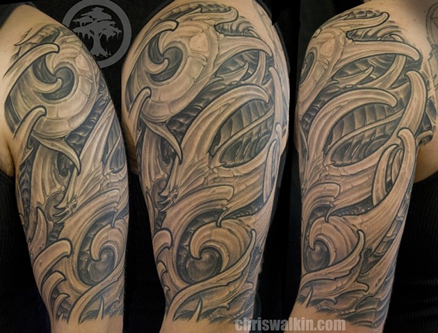 black and grey biomech  Tattoo done at Iron Cypress in Lake Charles Louisiana