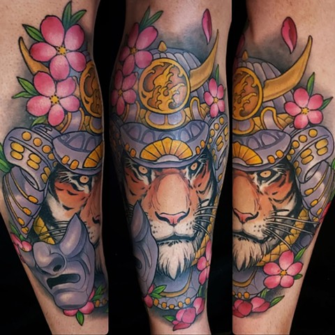Samurai tiger shin tattoo