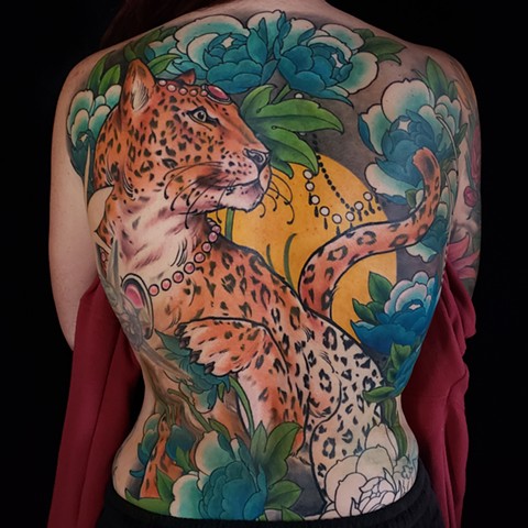 Ornamental leopard with peonies coverup backpiece