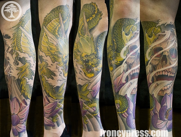 Japanese Dragon Skull and Lotus tattoo by Chris Walkin