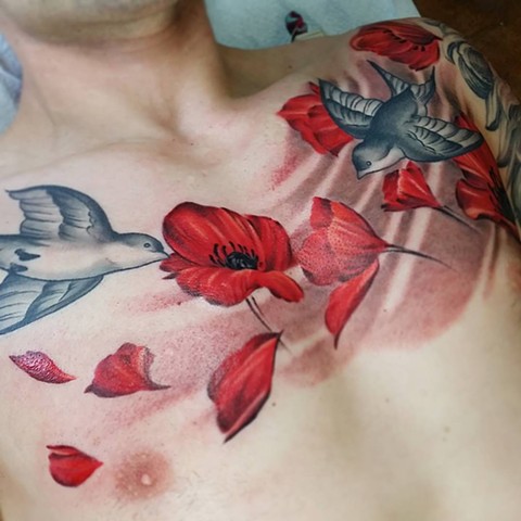 Natural Japanese poppy chest tattoo