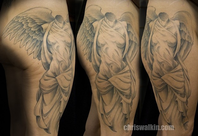 angel statue black and grey portrait  Tattoo done at Iron Cypress in Lake Charles Louisiana
