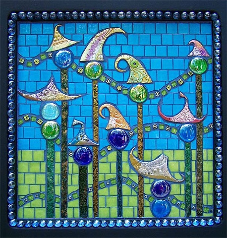 CMade with handmade polymer clay tiles, large and small glass gems, VanGogh, vitreous and glitter glass, and totally cool square millefiore.