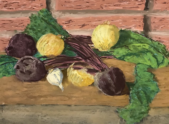 A still life with beets, onions, and garlic