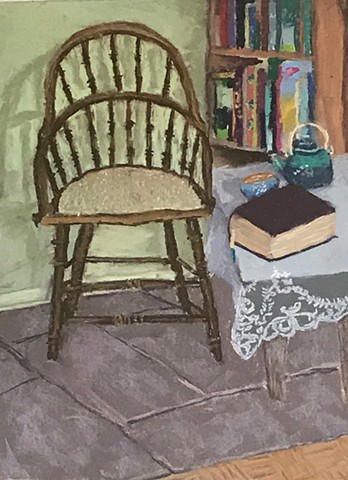 Interior with Windsor chair, table, teapot, tea cup, book, and bookshelves