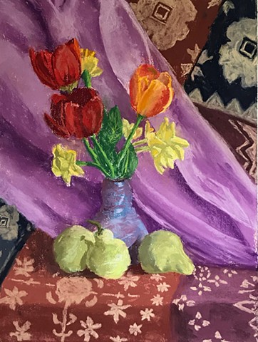 Still life with tulips, daffodils, and pears