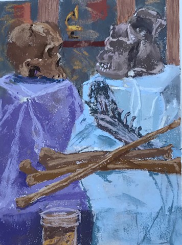 Still life with two skulls, arm bones, and a brain in a jar