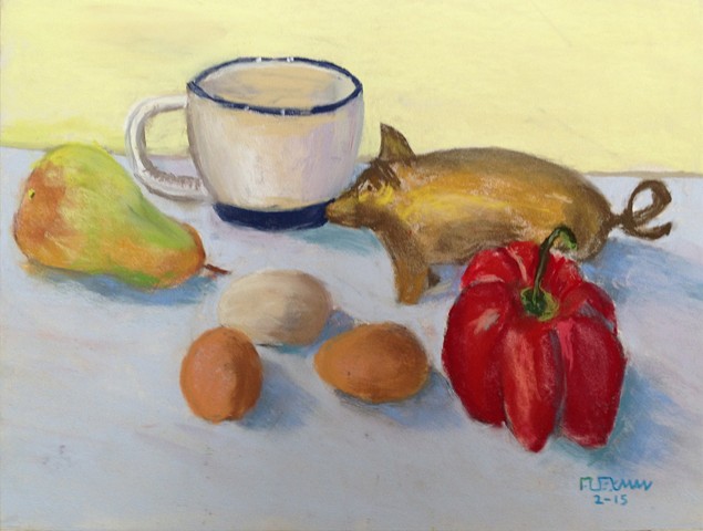 Still life with eggs, red pepper, brass piggy bank, pear and coffee cup.