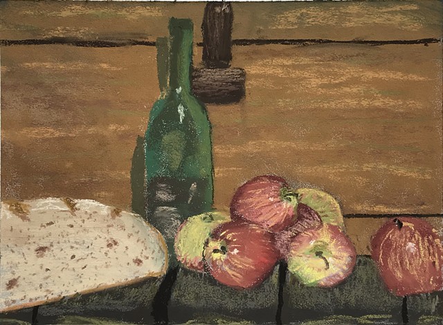 Still life with apples, a loaf of bread, and a bottle of wine