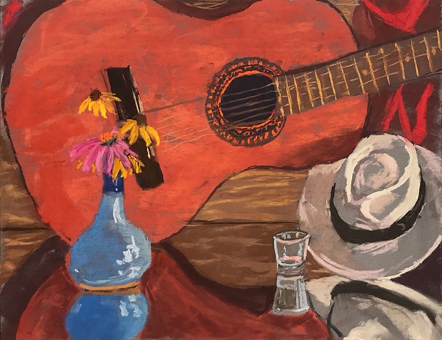 Still life with guitar, hat, shot glass and a vase of flowers on a mirror
