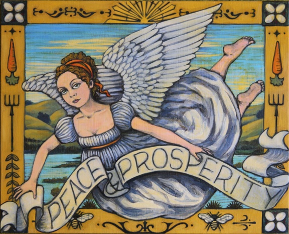 This is a piece depicting an allegory of peace and prosperity; it's a painting about Petaluma and the local Schollenberger Wetlands.