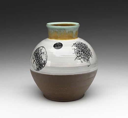 Vase with decals, glazes, porcelain slip