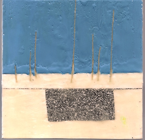 two toned encaustic piece with thread and security envelope collage. 