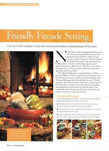 Southern Living October Friendly Fireside Setting article with shot of pumpkin centerpiece