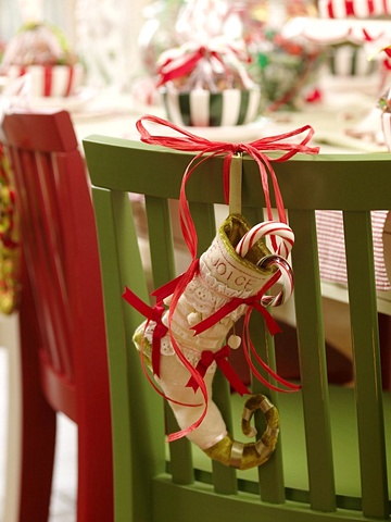 Christmas with Southern Living Elf Party chair with elf stocking filled with peppermints