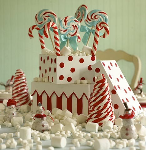 Christmas with Southern Living Snowman Tablescape with lollipops and peppermint trees and marshmallow snow