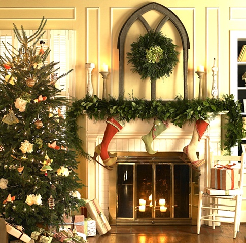 Christmas with Southern Living Shabby Chic Mantle and tree with Anthropologie Stockings and Window over mantle with Wreath and hydrangeas