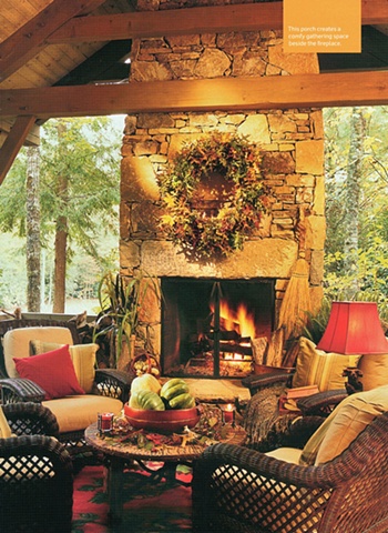 Southern Living October Friendly Fireside Setting article with fireplace and leaf wreath 