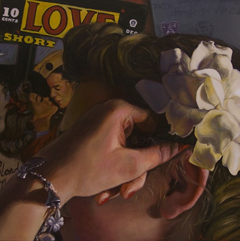 Vanitas, Pulp Fiction, original oil painting, WWII, 1940's, Gardenia