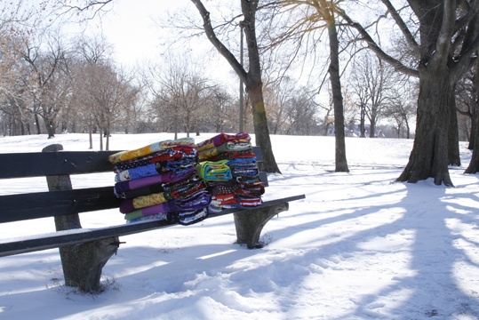 quilts on bench